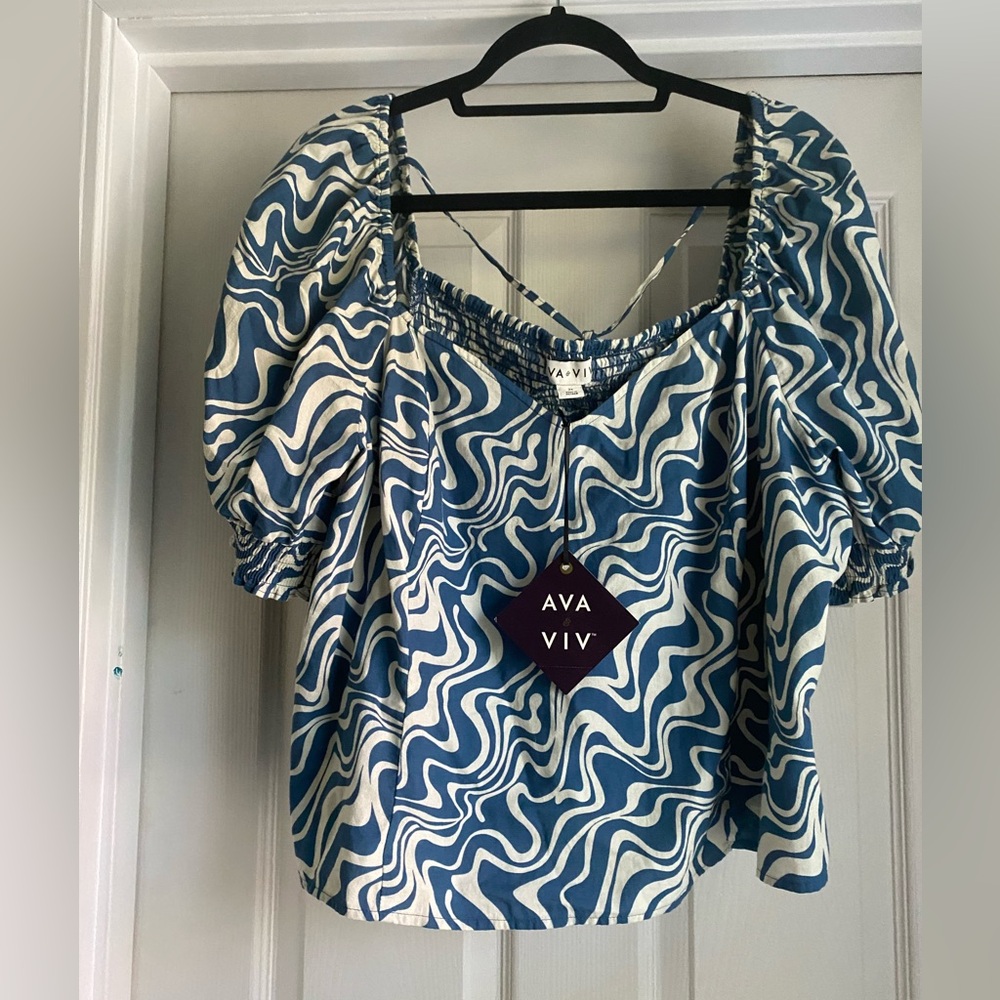 NEW Ava & Viv Blue and White Swirl Blouse SIZE 2X 100% COTTON